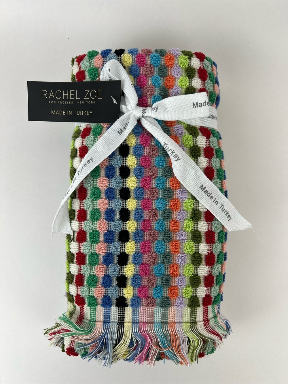 Rachel Zoe Hand Towels Multicolor Stripe Dots Fringe Colorful 2 Pcs NEW